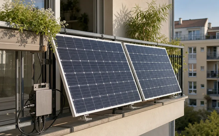 Balkonkraftwerk: Solarstrom auch für Mieter Balkonkraftwerk am Geländer eines Mehrfamilienhauses – Stecker-Solaranlage mit Mikro-Wechselrichter für Mieter