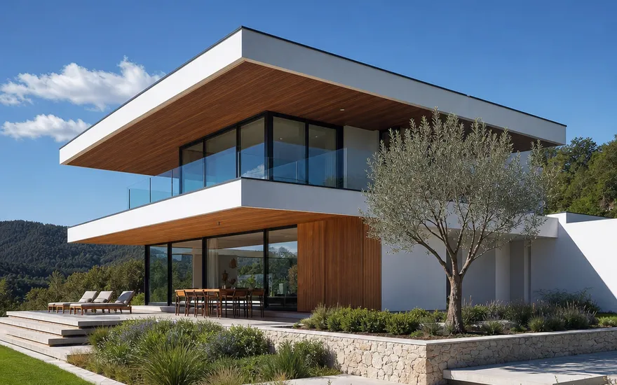 Design-Fertighaus im Bauhausstil mit Flachdach Design-Fertighaus im Bauhausstil: weiße kubische Architektur mit Holzakzenten und auskragendem Flachdach