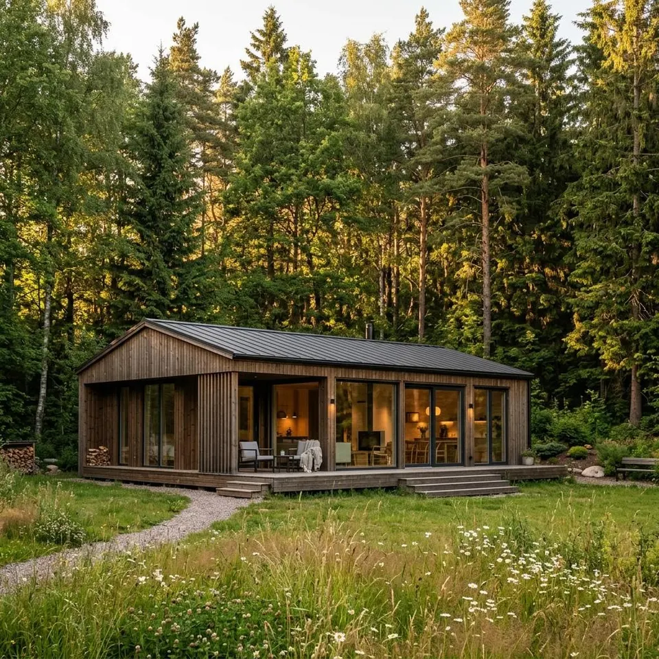 Fertighaus am Waldrand bauen: Wohnen mit Blick in den Wald Modernes Fertighaus am Waldrand mit großen Glasfronten und Blick in den grünen Wald – Fertighaus am Waldrand bauen 2026