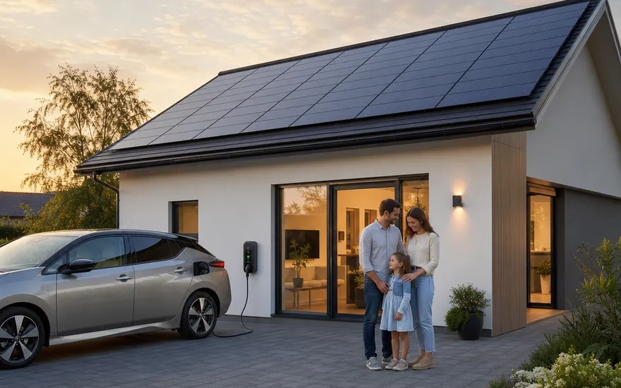 Fertighaus mit Photovoltaik, Speicher und Wallbox direkt ab Werk Fertighaus-Neubau mit Photovoltaik-Volldach und Wallbox fürs E-Auto – Solaranlage von Beginn an eingeplant