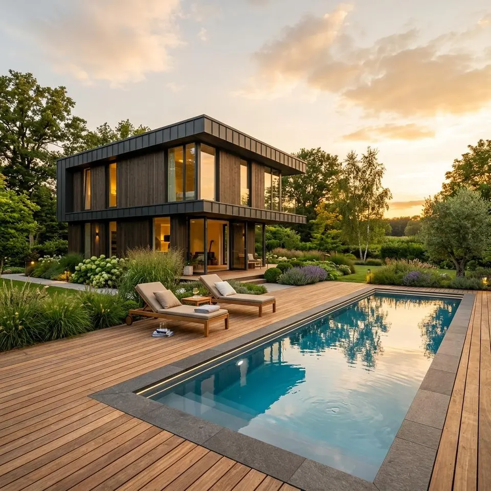 Fertighaus mit Pool im Garten: Swimmingpool beim Neubau mitplanen Modernes Fertighaus mit rechteckigem Swimmingpool im Garten, Holzterrasse und Sonnenliegen im Abendlicht – Fertighaus mit Pool 2026