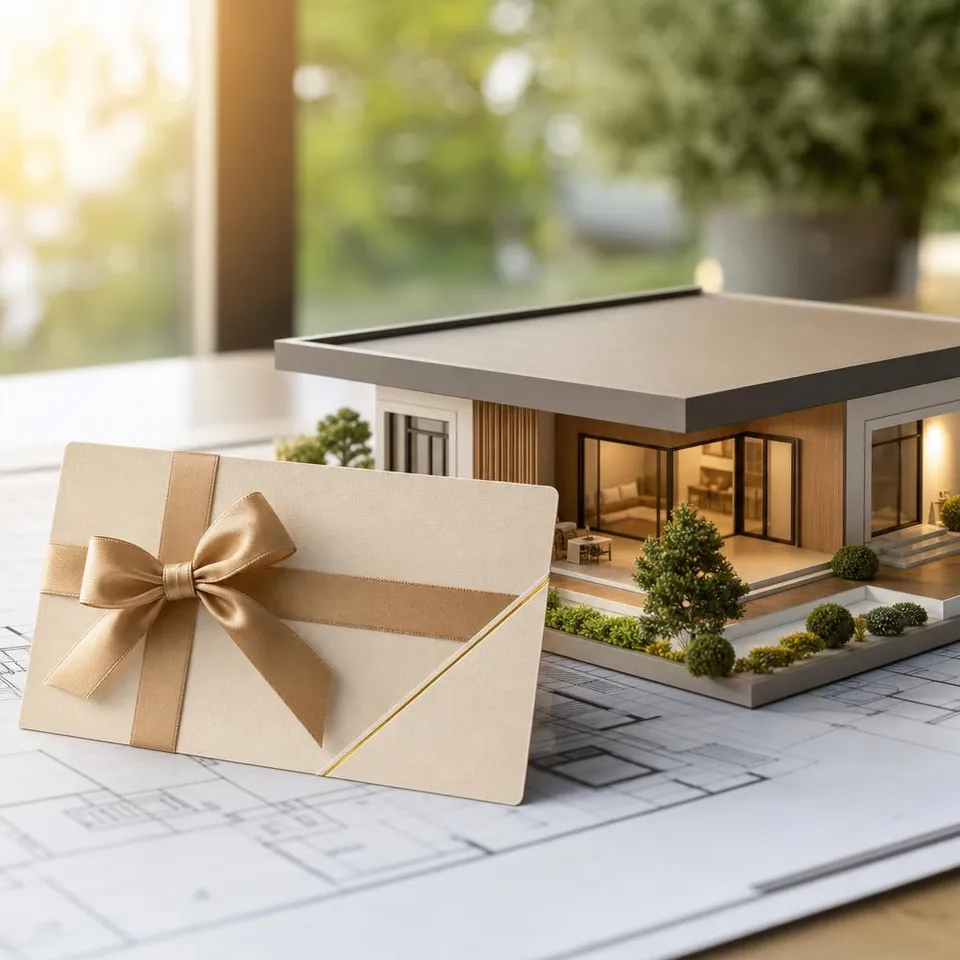 Gutschein neben Bungalow-Modellhaus und Grundrissplan – Planungs-Gutschein für Bungalow und Einfamilienhaus Gutschein neben Bungalow-Modellhaus und Grundrissplan – Planungs-Gutschein für Bungalow und Einfamilienhaus