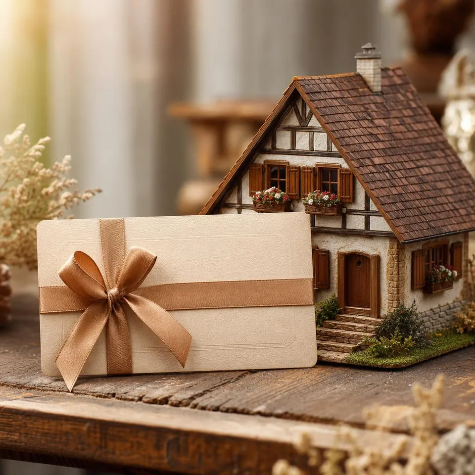 Gutschein mit Schleife neben Modellhaus im Landhausstil mit Fensterläden und Blumenkästen – Ausstattungs-Gutschein für ein Fertighaus im Landhausstil Gutschein mit Schleife neben Modellhaus im Landhausstil mit Fensterläden und Blumenkästen – Ausstattungs-Gutschein für ein Fertighaus im Landhausstil