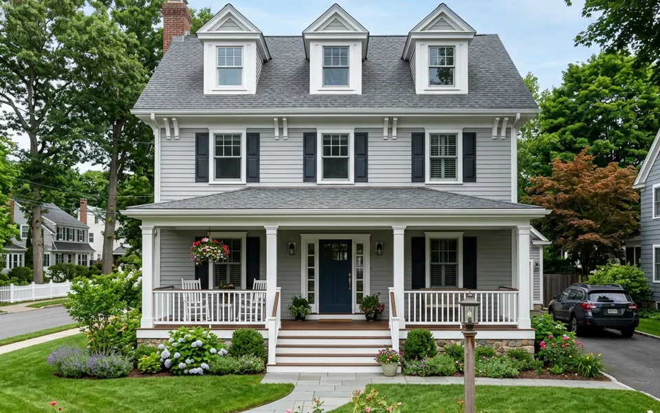 Amerikanisches Haus mit überdachter Veranda, weißen Säulen und Giebelgauben – Fertighaus im US-amerikanischen Stil 2026 Amerikanisches Haus mit überdachter Veranda, weißen Säulen und Giebelgauben – Fertighaus im US-amerikanischen Stil 2026