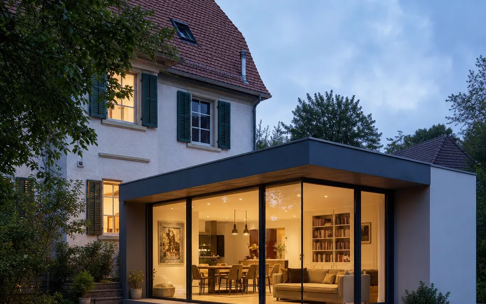 Moderner Flachdach-Anbau mit breiter Glasfront erweitert ein Bestandshaus zur Gartenseite – Modulanbau mit planbaren Kosten 2026 Moderner Flachdach-Anbau mit breiter Glasfront erweitert ein Bestandshaus zur Gartenseite – Modulanbau mit planbaren Kosten 2026