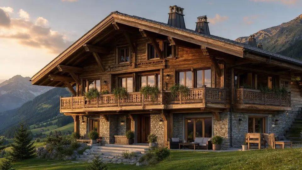 Haus im Chalet-Stil mit flachem Satteldach, weitem Dachüberstand, Holzfassade und Balkonen vor Bergkulisse – Fertighaus 2026 Haus im Chalet-Stil mit flachem Satteldach, weitem Dachüberstand, Holzfassade und Balkonen vor Bergkulisse – Fertighaus 2026