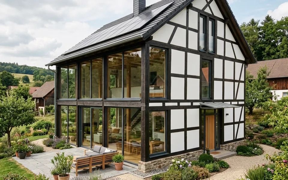 Modernes Fachwerkhaus mit dunklem Eichenskelett, weißen Gefachen und weiten Glasflächen – Fachwerk-Neubau 2026 Modernes Fachwerkhaus mit dunklem Eichenskelett, weißen Gefachen und weiten Glasflächen – Fachwerk-Neubau 2026