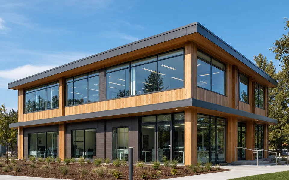 Zweigeschossiges Bürogebäude in Holz-Hybrid-Bauweise mit Fassade aus Holz und Glas – Gewerbebau zum Festpreis 2026 Zweigeschossiges Bürogebäude in Holz-Hybrid-Bauweise mit Fassade aus Holz und Glas – Gewerbebau zum Festpreis 2026