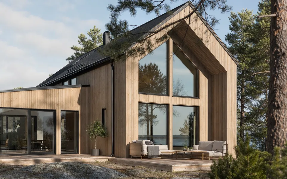 Skandinavisch anmutendes Holzhaus mit naturheller Holzfassade und großen Fenstern inmitten von Kiefern – Holzbau-Preise pro m² 2026 Skandinavisch anmutendes Holzhaus mit naturheller Holzfassade und großen Fenstern inmitten von Kiefern – Holzbau-Preise pro m² 2026