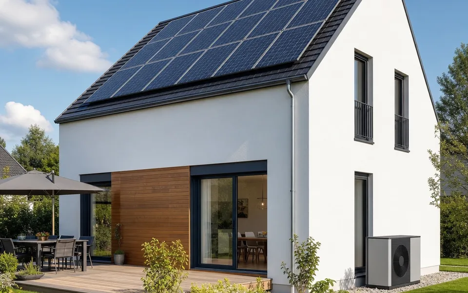KfW-40-Effizienzhaus mit vollständig belegtem Photovoltaik-Dach und Wärmepumpe an der Fassade – hohe Förderung 2026 KfW-40-Effizienzhaus mit vollständig belegtem Photovoltaik-Dach und Wärmepumpe an der Fassade – hohe Förderung 2026
