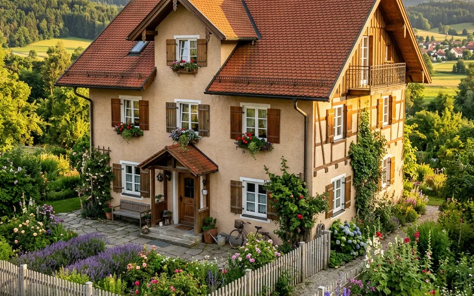 Landhaus mit Satteldach, Sprossenfenstern, Fensterläden und Bauerngarten – Fertighaus im Landhausstil 2026 im Blick Landhaus mit Satteldach, Sprossenfenstern, Fensterläden und Bauerngarten – Fertighaus im Landhausstil 2026 im Blick
