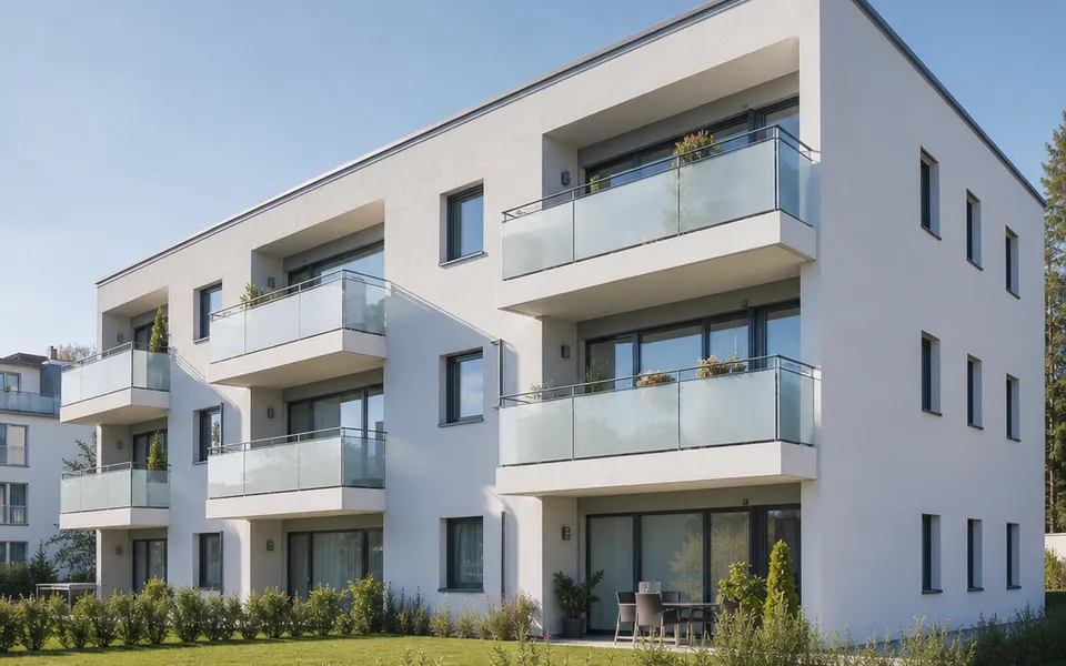Dreigeschossiger Mehrfamilienhaus-Neubau mit Glasbalkonen und heller Putzfassade – Wohnungen als Geldanlage 2026 Dreigeschossiger Mehrfamilienhaus-Neubau mit Glasbalkonen und heller Putzfassade – Wohnungen als Geldanlage 2026