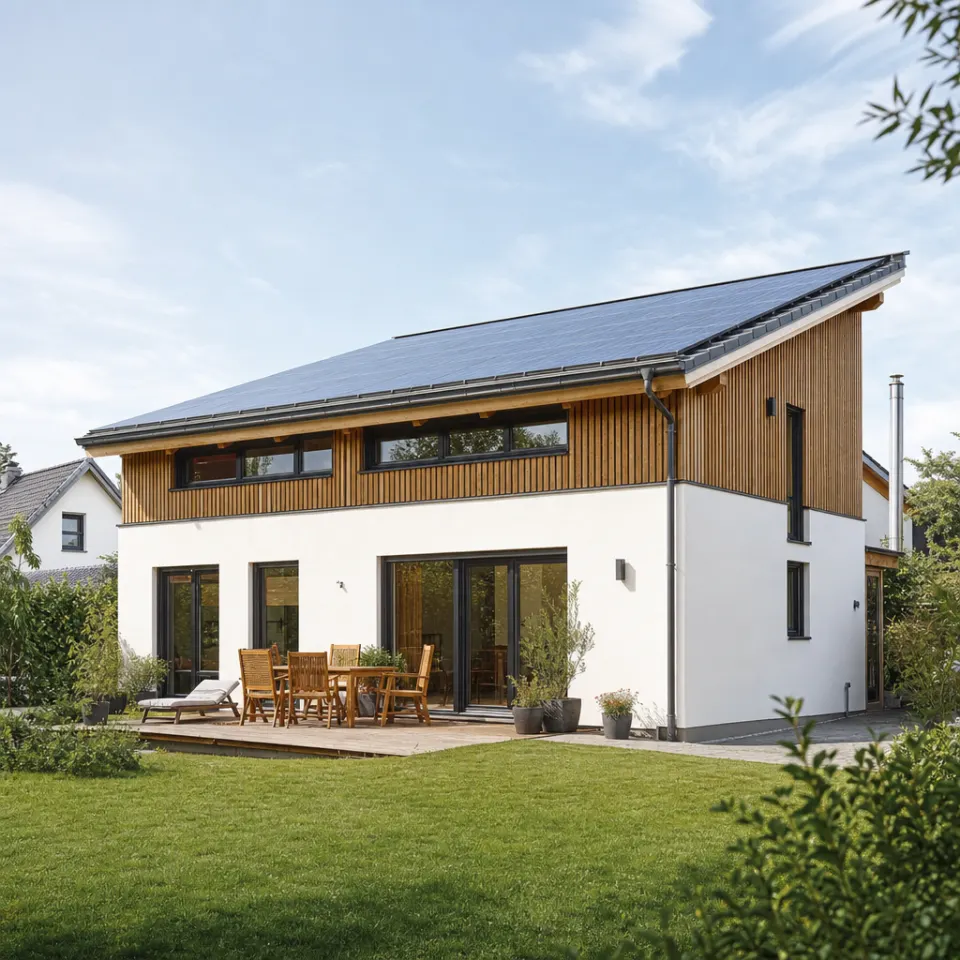 Modernes Pultdachhaus mit einseitig geneigtem Dach, großer Glasfront und Photovoltaik – Pultdachhaus als Fertighaus 2026 Modernes Pultdachhaus mit einseitig geneigtem Dach, großer Glasfront und Photovoltaik – Pultdachhaus als Fertighaus 2026