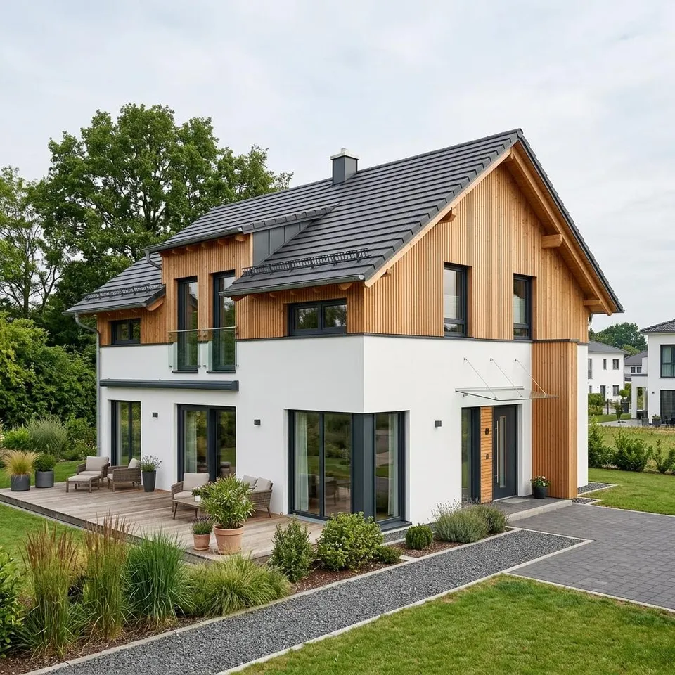 Modernes Satteldachhaus mit klarer Kubatur, bodentiefen Fenstern und schlichtem Satteldach ohne Überstand – Fertighaus 2026 Modernes Satteldachhaus mit klarer Kubatur, bodentiefen Fenstern und schlichtem Satteldach ohne Überstand – Fertighaus 2026