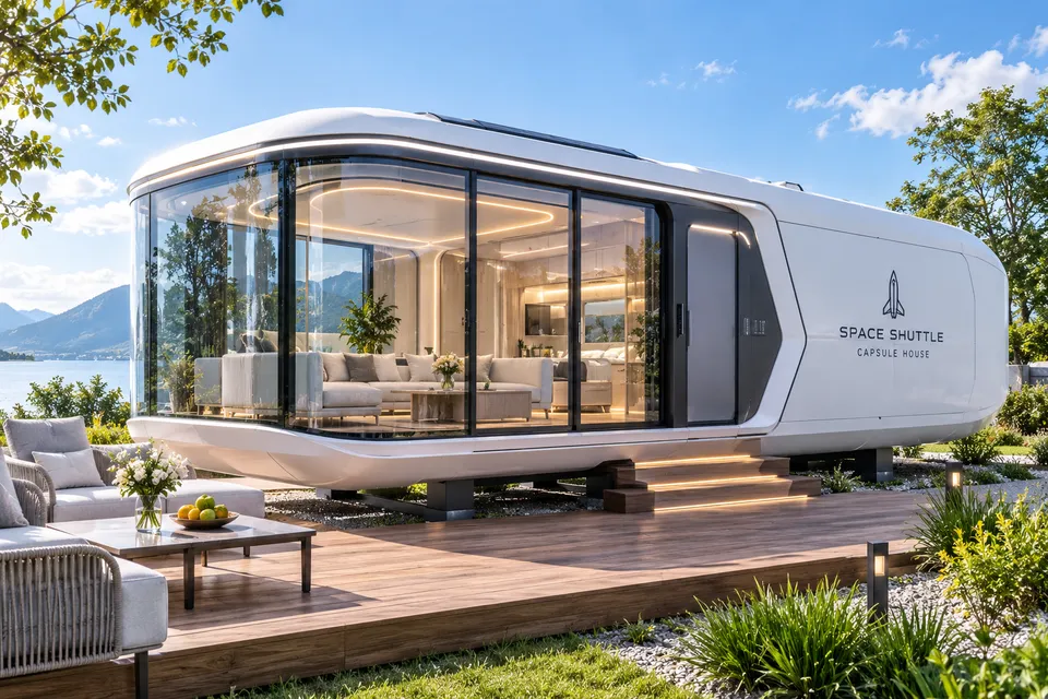 Space Capsule Tiny House mit Panoramaverglasung und Holzterrasse am See – futuristisches Capsule House (Visualisierung) Space Capsule Tiny House mit Panoramaverglasung und Holzterrasse am See – futuristisches Capsule House (Visualisierung)