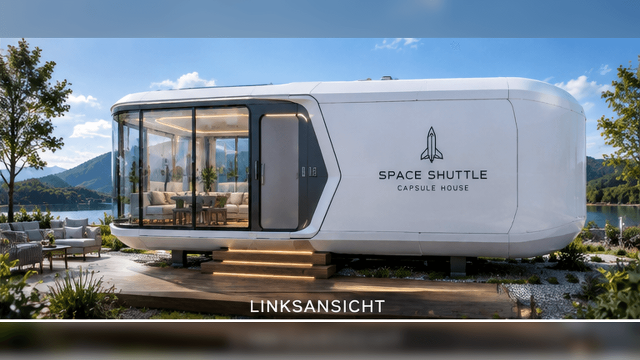 Space Capsule Tiny House linke Seitenansicht – Glasfront, Eingangstür und Holzterrasse am See (Visualisierung)