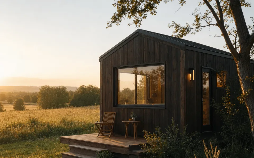Tiny House mit dunkler Holzfassade, breitem Fenster und kleiner Holzterrasse auf der Wiese – Minihaus-Preise 2026 Tiny House mit dunkler Holzfassade, breitem Fenster und kleiner Holzterrasse auf der Wiese – Minihaus-Preise 2026