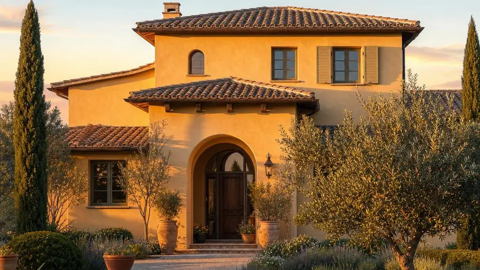 Toskana-Haus mit flach geneigtem Walmdach, ockerfarbenem Putz und Rundbogenfenstern in mediterraner Lage – Fertighaus 2026 Toskana-Haus mit flach geneigtem Walmdach, ockerfarbenem Putz und Rundbogenfenstern in mediterraner Lage – Fertighaus 2026