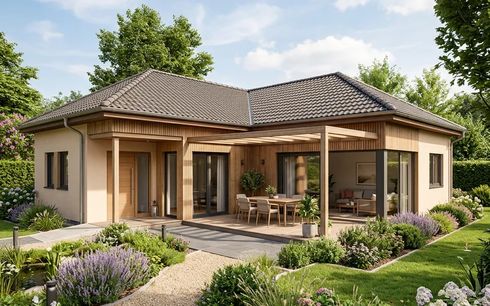 Winkelbungalow in L-Form mit Walmdach und windgeschützter Terrasse zwischen den beiden Flügeln – ebenerdig wohnen 2026 Winkelbungalow in L-Form mit Walmdach und windgeschützter Terrasse zwischen den beiden Flügeln – ebenerdig wohnen 2026