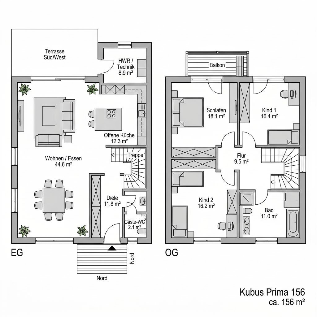 Grundriss Kubus Prima 156 – 156 m² Kubushaus mit 5 Zimmern