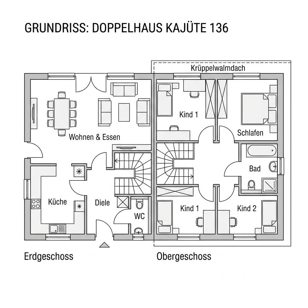 Grundriss Doppelhaus Kajüte 136 – 136 m² Doppelhaus mit 5 Zimmern