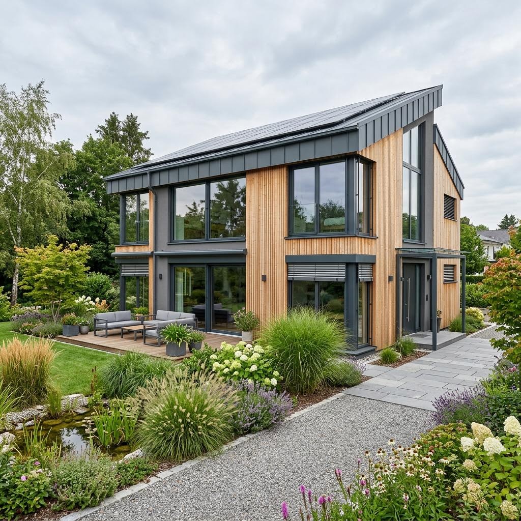 Luxusvilla Manufaktur Solis 205 von Baufritz mit Pultdach und Vollholz-Bauweise