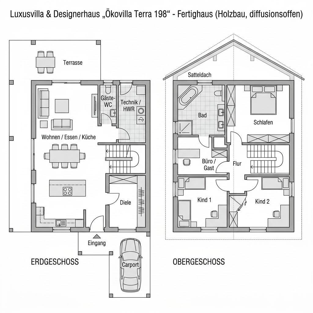 Grundriss Ökovilla Terra 198 – 198 m² Luxusvilla & Designerhaus mit 6 Zimmern