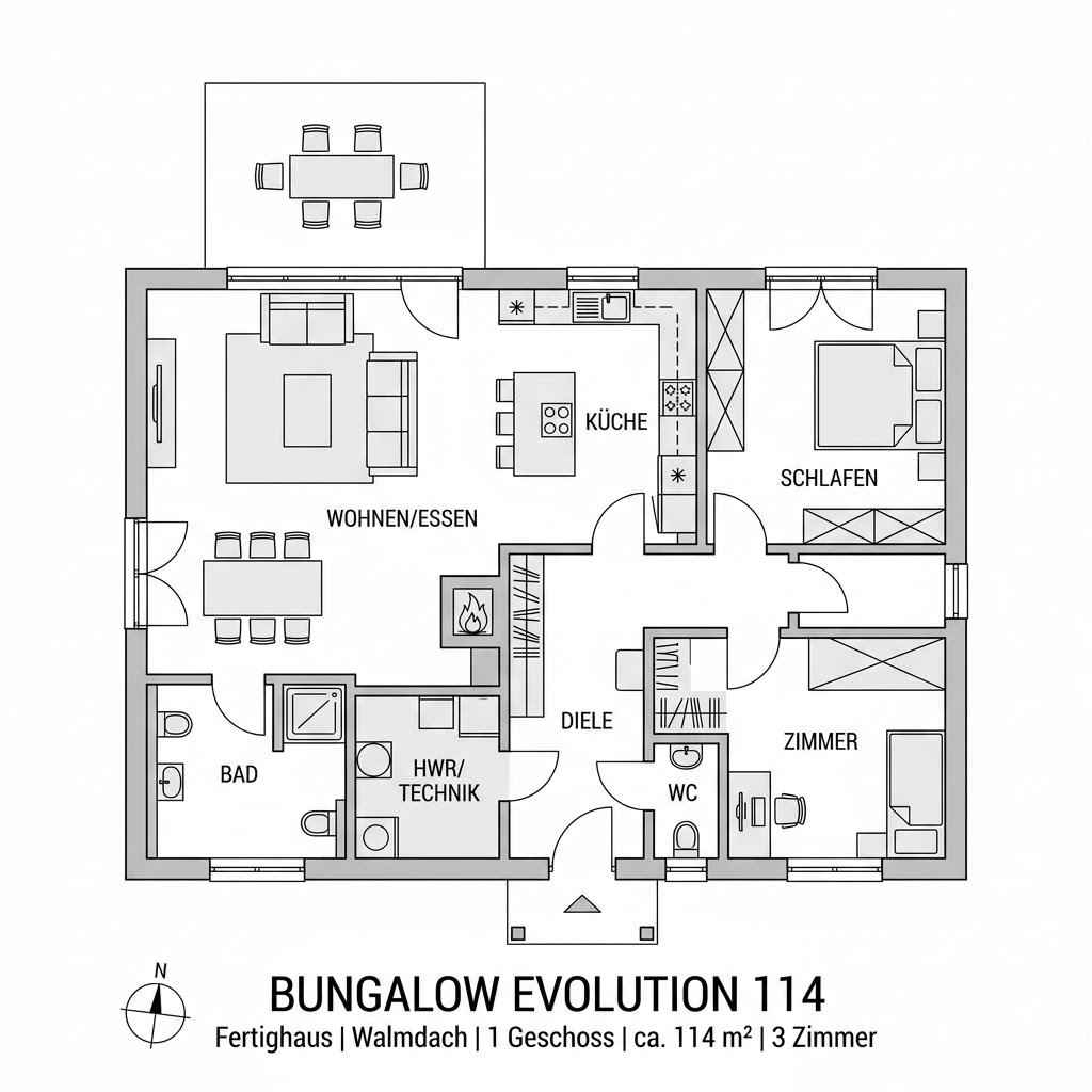 Grundriss Bungalow Evolution 114 – 114 m² Bungalow mit 3 Zimmern