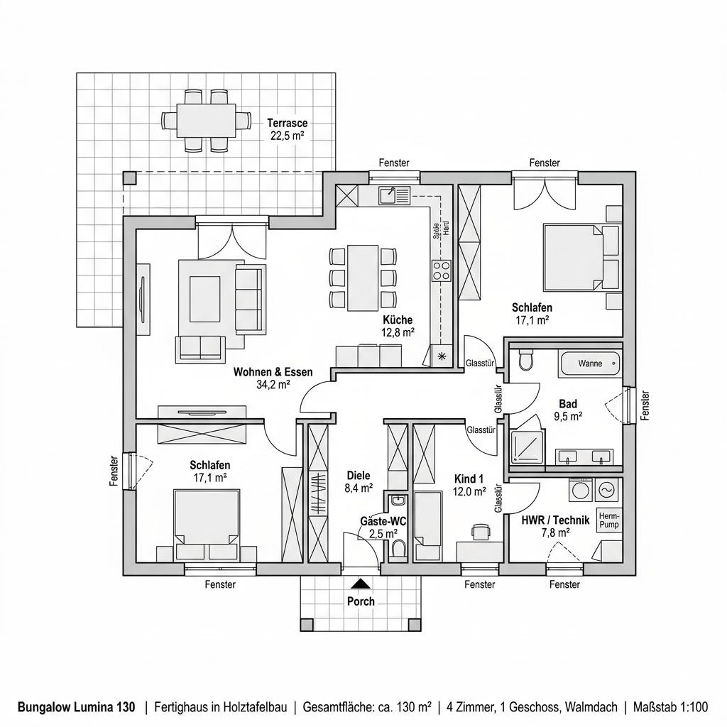 Grundriss Bungalow Lumina 130 – 130 m² Bungalow mit 4 Zimmern