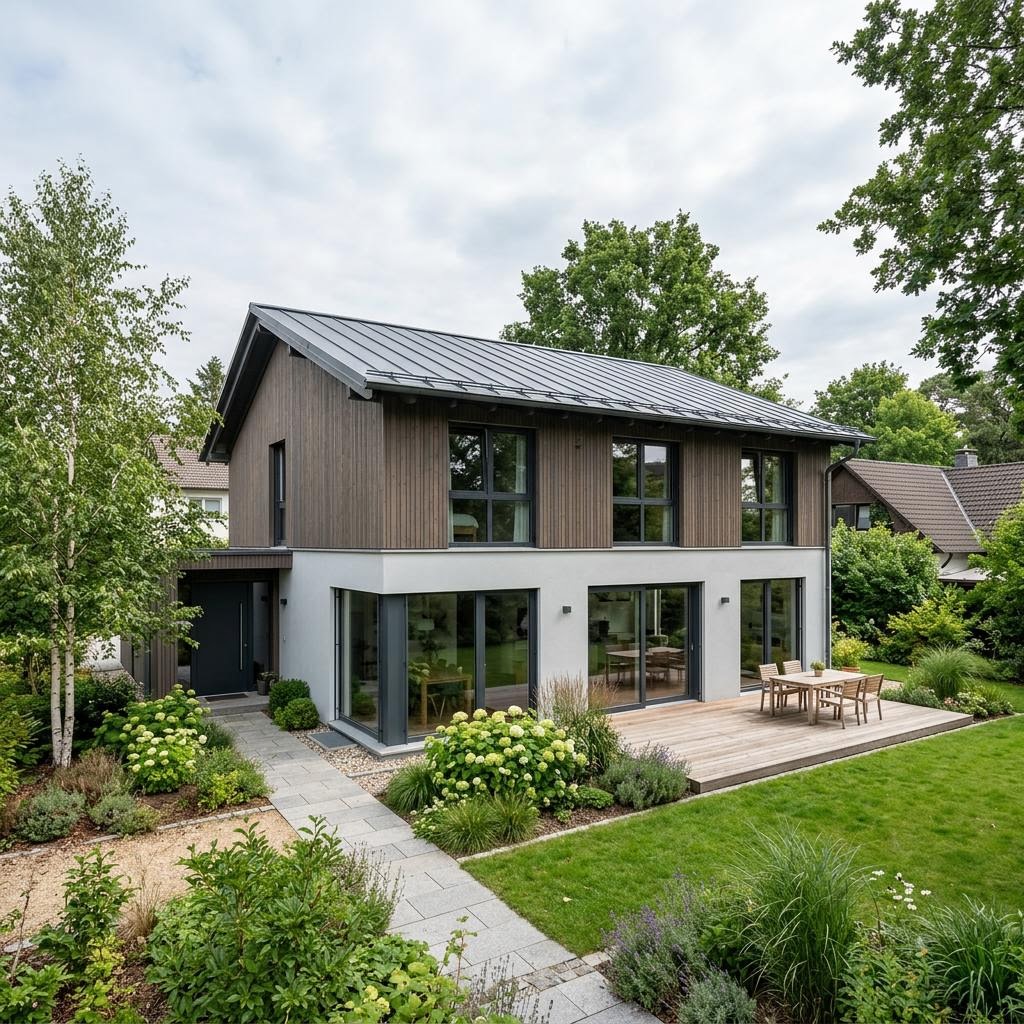 Pultdachhaus PultFusion 152 von Bien-Zenker mit bodentiefer Fensterfront und Solardach