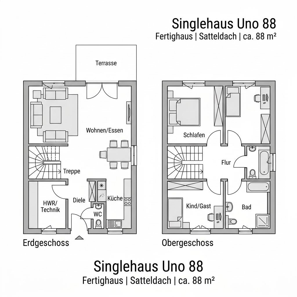 Grundriss Singlehaus Uno 88 – 88 m² Singlehaus mit 3 Zimmern