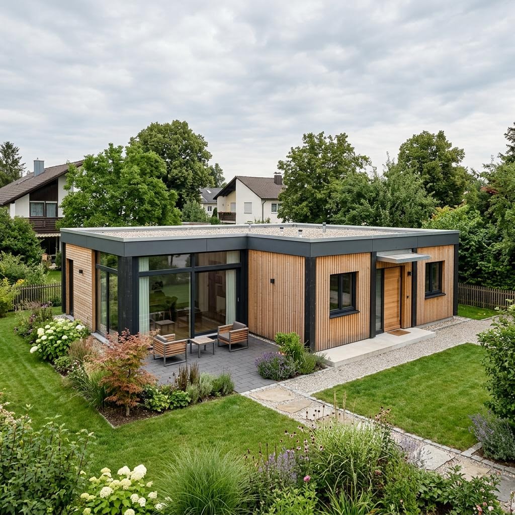 Modulhaus Atrium 90 von CABIN ONE — L-förmiges Holzmodulhaus mit Innenhof und 90 m²