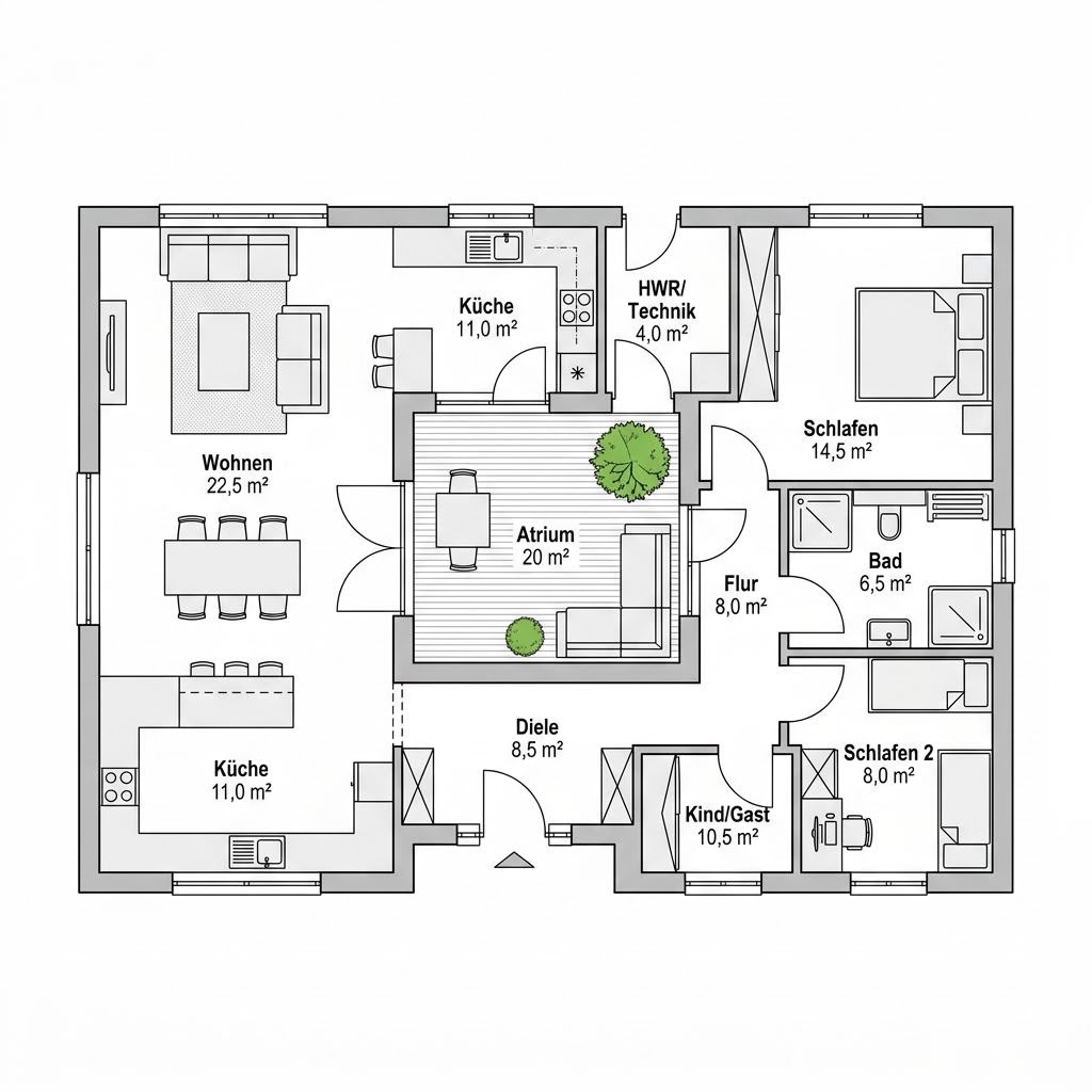 Grundriss Modulhaus Atrium 90 von CABIN ONE — 90 m², 4 Zimmer
