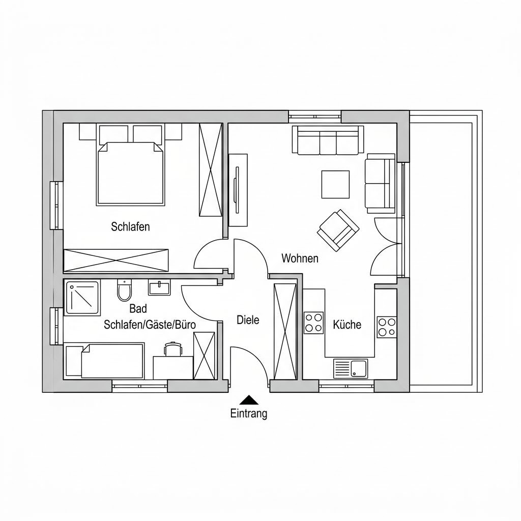 Grundriss Aufstockung Modul 52 – 52 m² Aufstockung mit 3 Zimmern