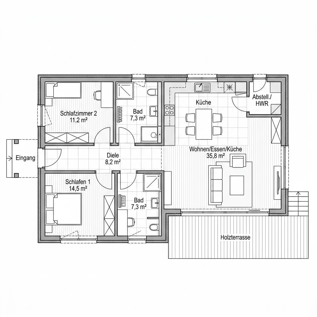 Grundriss Modul Line 78 – 78 m² Modulhaus mit 3 Zimmern
