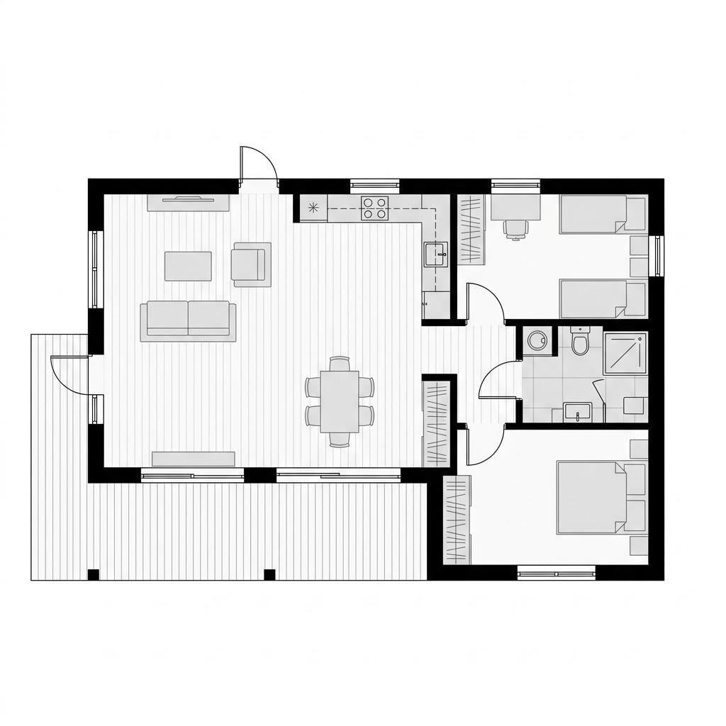 Grundriss Modulhaus Linea 92 von commod-haus — 92 m², 3 Zimmer