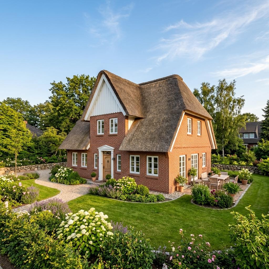 Friesenhaus Reetkate von Dammann-Haus mit rotem Klinker und Krüppelwalmdach