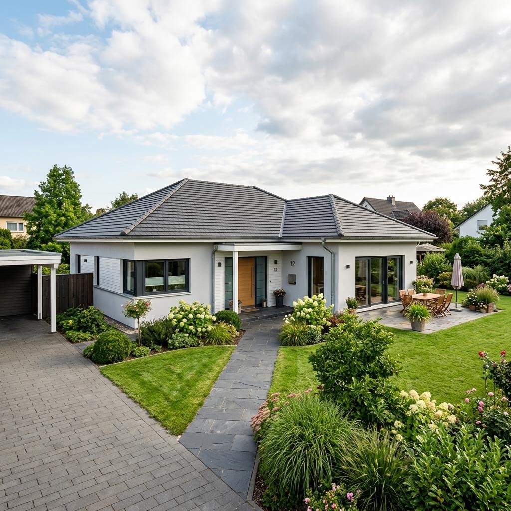 Bungalow-Grundriss 4 Zimmer – Beispiel ebenerdiger Neubau Bungalow-Grundriss 4 Zimmer: ebenerdiger Familien-Bungalow als Neubau, Beispielmotiv