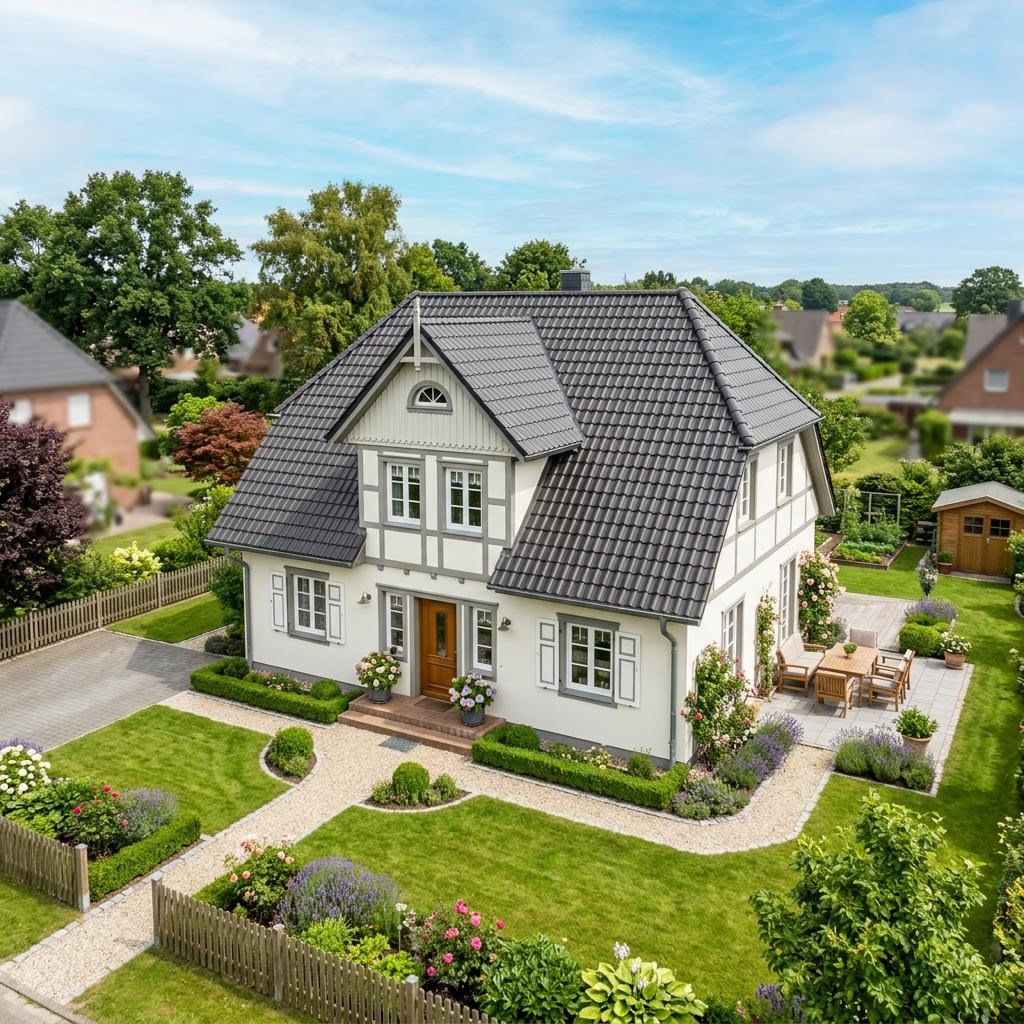 Fertighaus in Norddeutschland – Beispiel Kapitänshaus Fertighaus Norddeutschland: klassisches Kapitänshaus als Neubau, Beispielmotiv für die Region