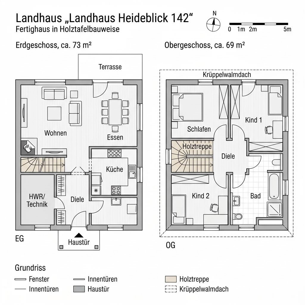 Grundriss Landhaus Heideblick 142 – 142 m² Landhaus mit 5 Zimmern