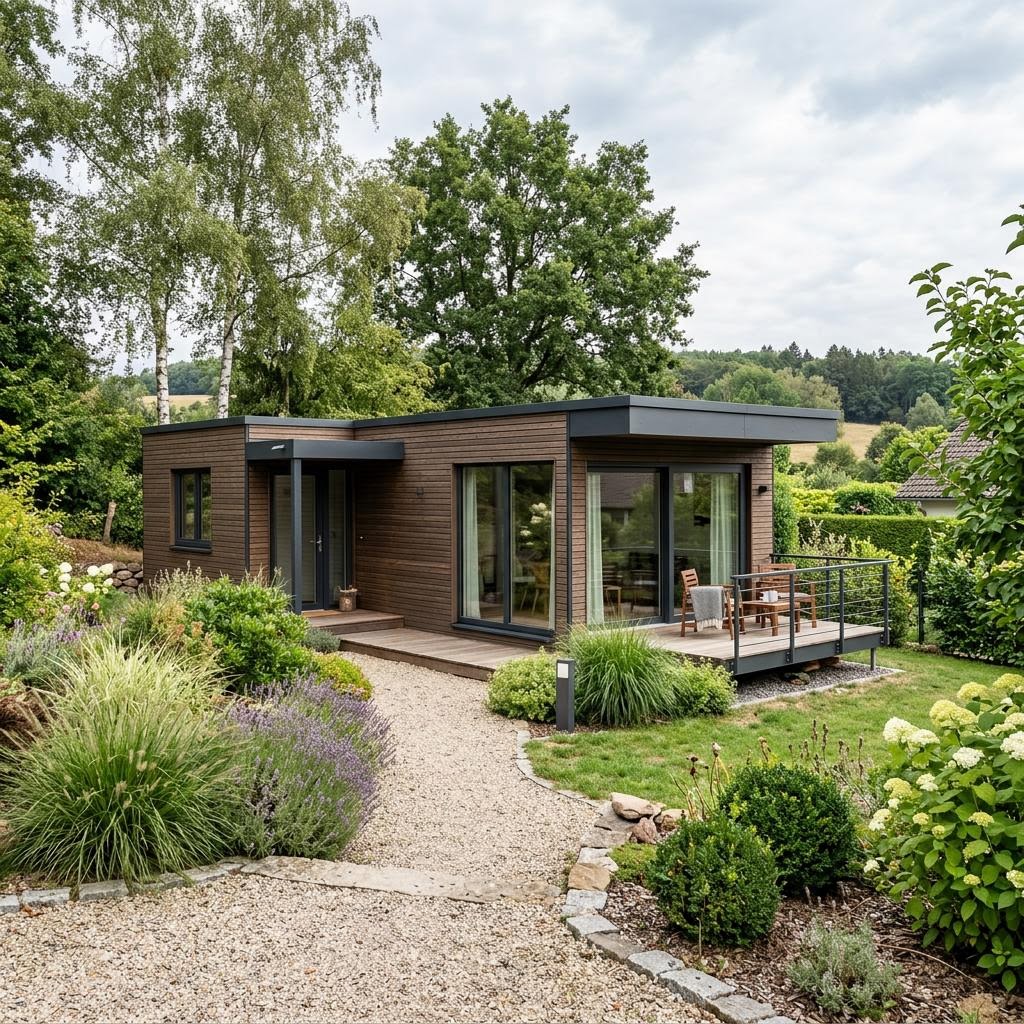 Ferienhaus Lyng 50 von Danhaus Deutschland als kubischer Bungalow mit Flachdach und Photovoltaik