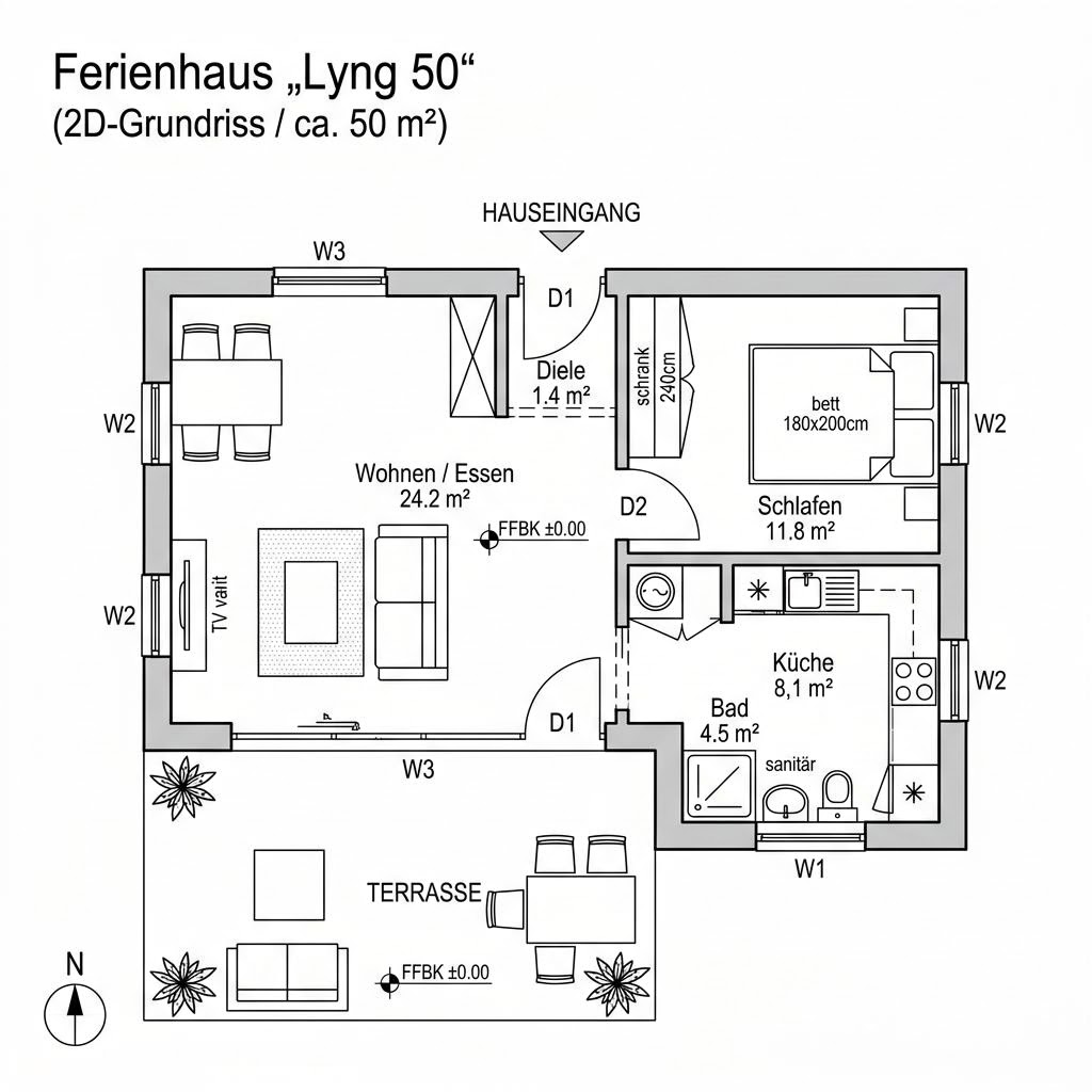 Grundriss Lyng 50 von Danhaus Deutschland — 50 m², 2 Zimmer