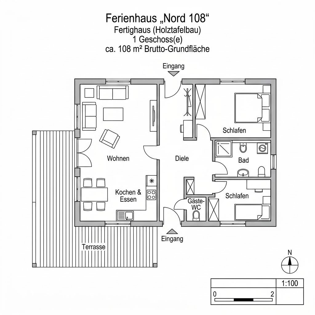 Grundriss Nord 108 – 108 m² Ferienhaus mit 5 Zimmern