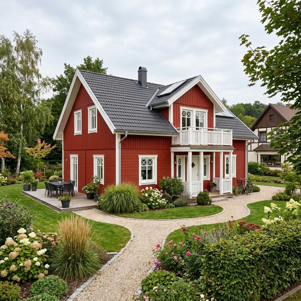 Schwedenhaus Falun 132 von Danhaus Deutschland mit falunroter Holzfassade und Satteldach