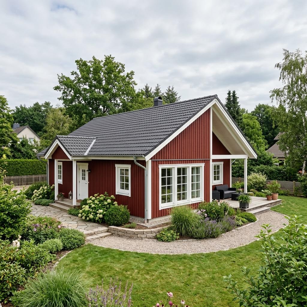 Schwedenhaus Öland 126 von Danhaus Deutschland als ebenerdiger Bungalow mit roter Fassade