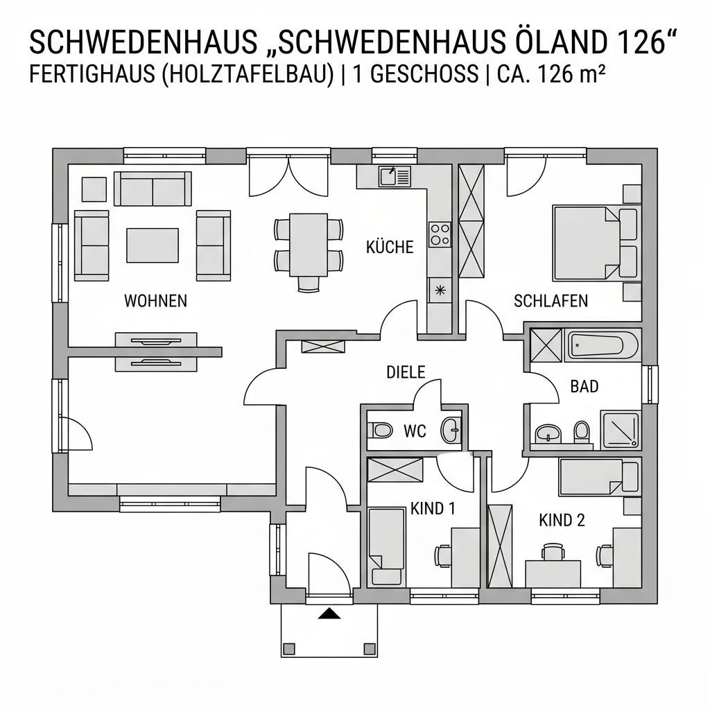 Grundriss Schwedenhaus Öland 126 – 126 m² Schwedenhaus mit 4 Zimmern