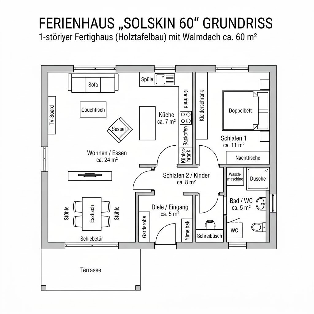 Grundriss Solskin 60 von Danhaus Deutschland — 60 m², 3 Zimmer