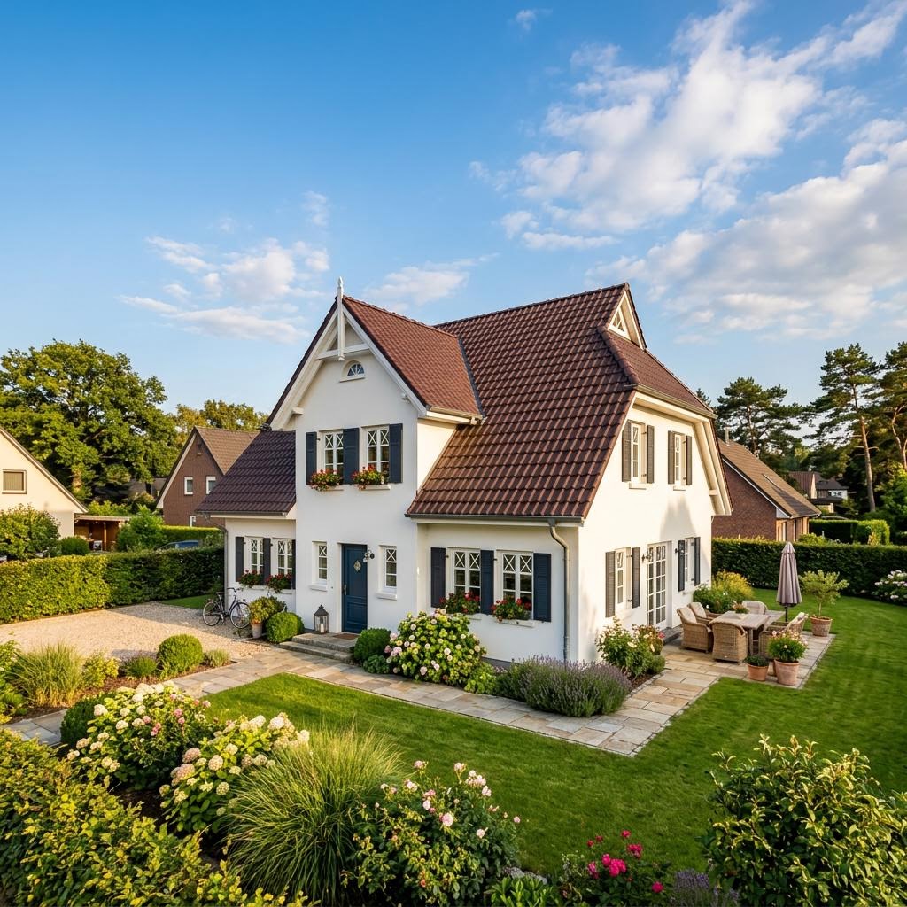 Friesenhaus Wattblick von Danhaus Deutschland mit weißer Putzfassade und Sprossenfenstern