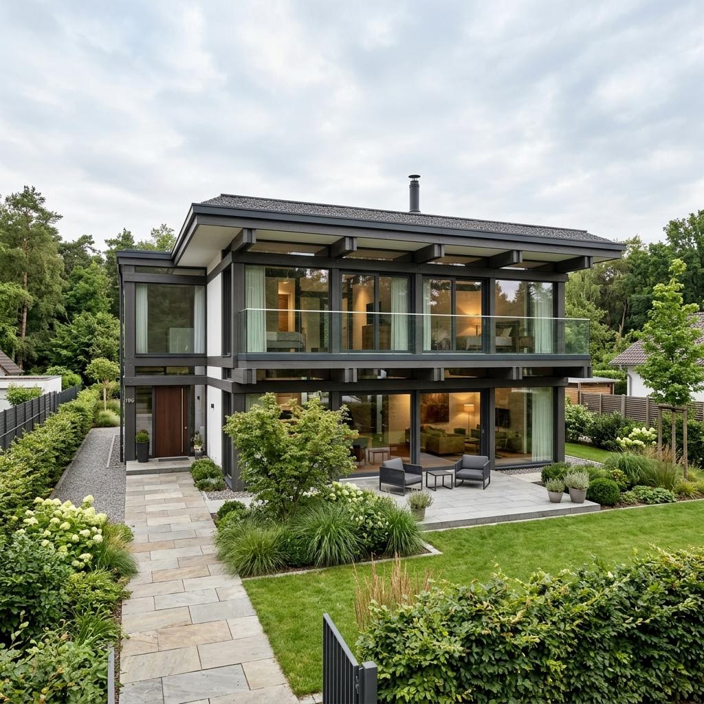 Luxusvilla Atelier Vetro 195 von DAVINCI HAUS mit Flachdach und geschosshoher Verglasung