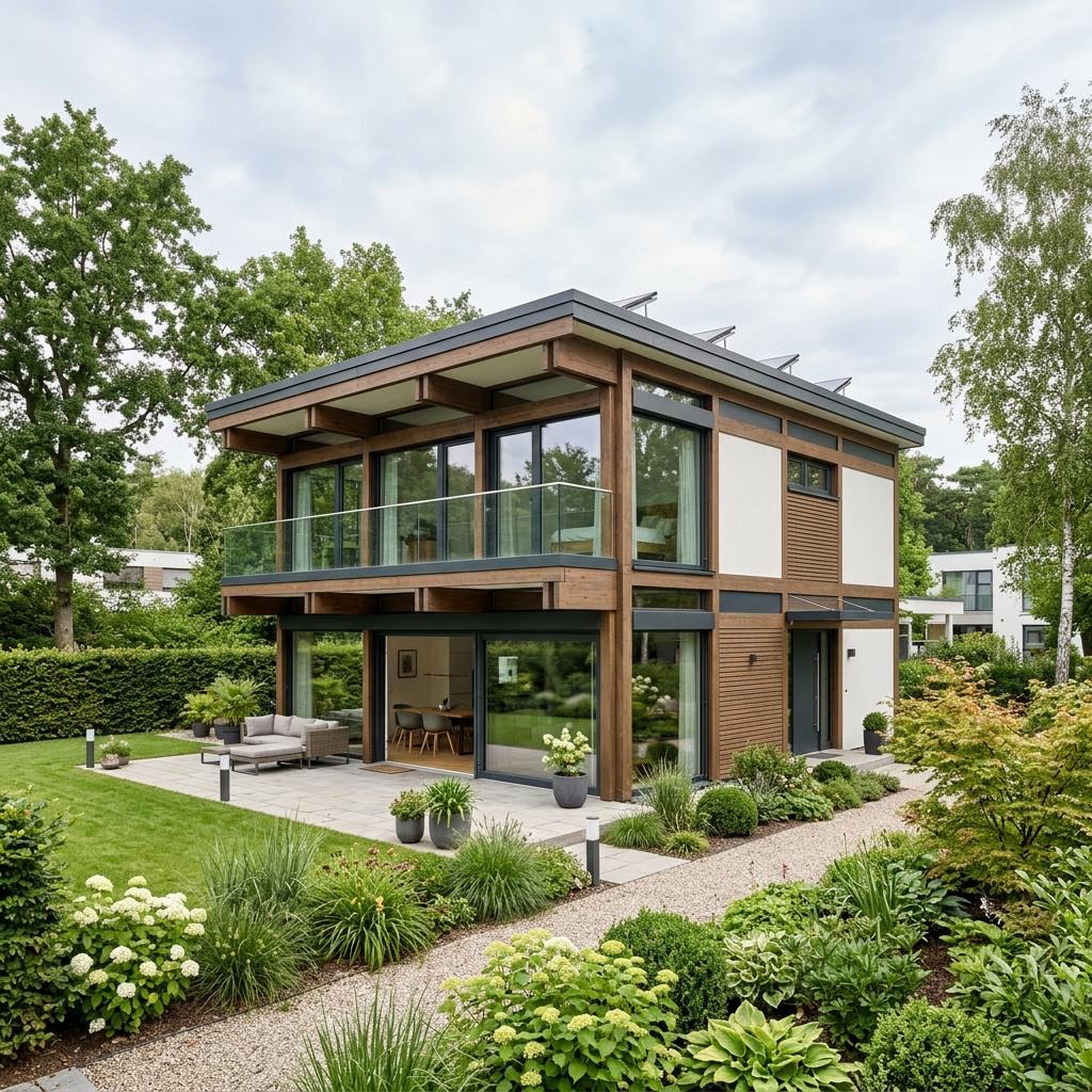 Kubushaus Quadra Sole 158 von DAVINCI HAUS mit Flachdach und Fachwerk-Glas-Fassade